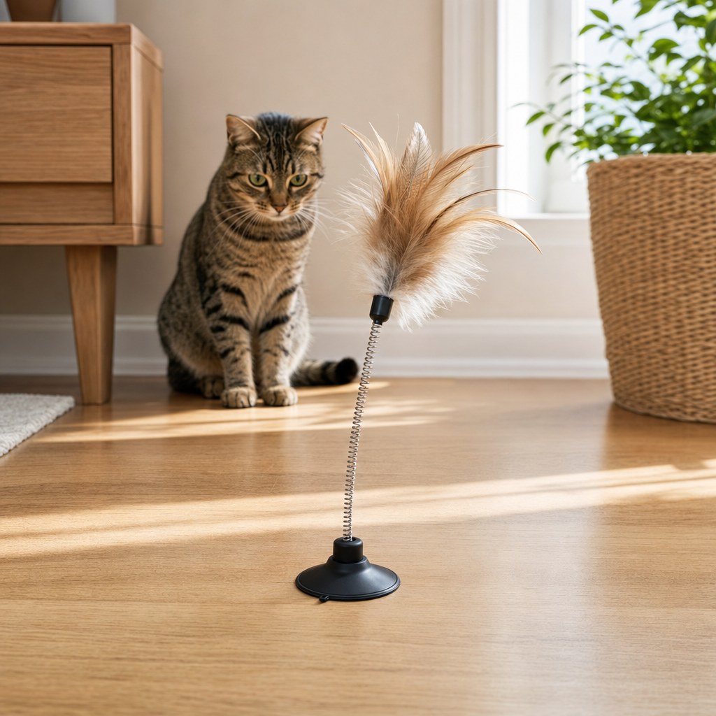 Clean suction cup cat toy secured on a smooth hardwood floor while a tabby cat watches nearby