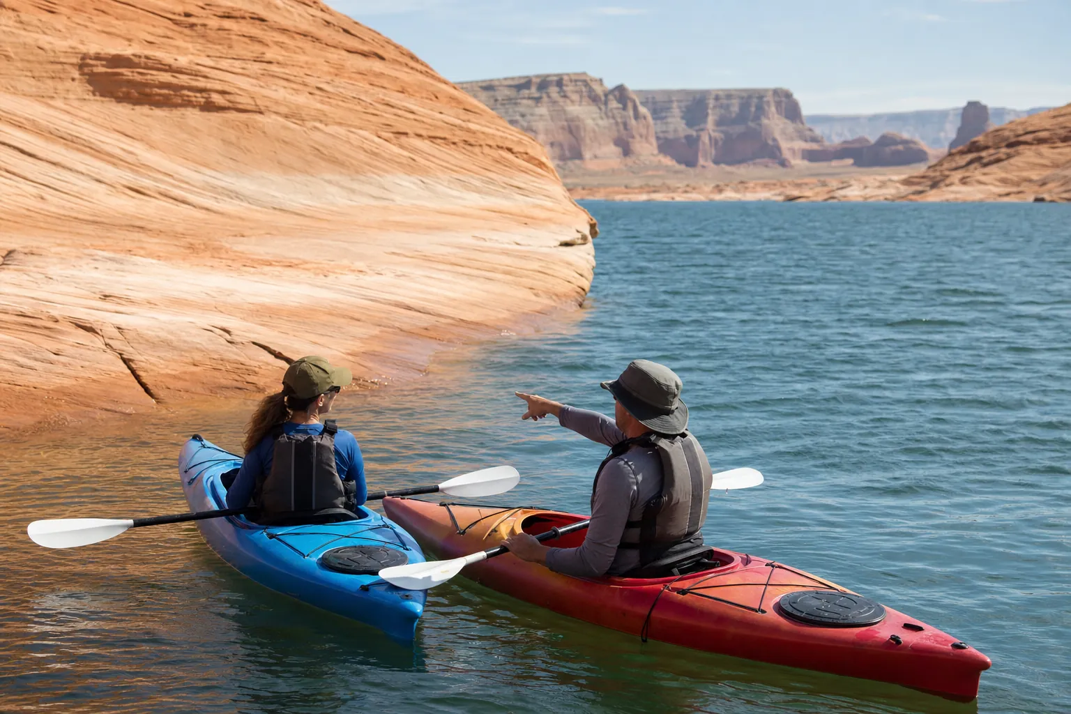 Two kayakers paused beside a Lake Powell sandstone cove while one points toward the water