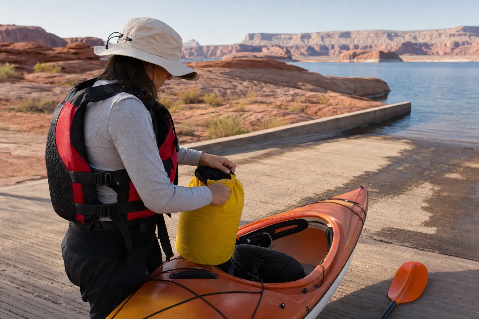A kayaker checking a dry bag and life jacket beside a kayak at a Lake Powell launch ramp