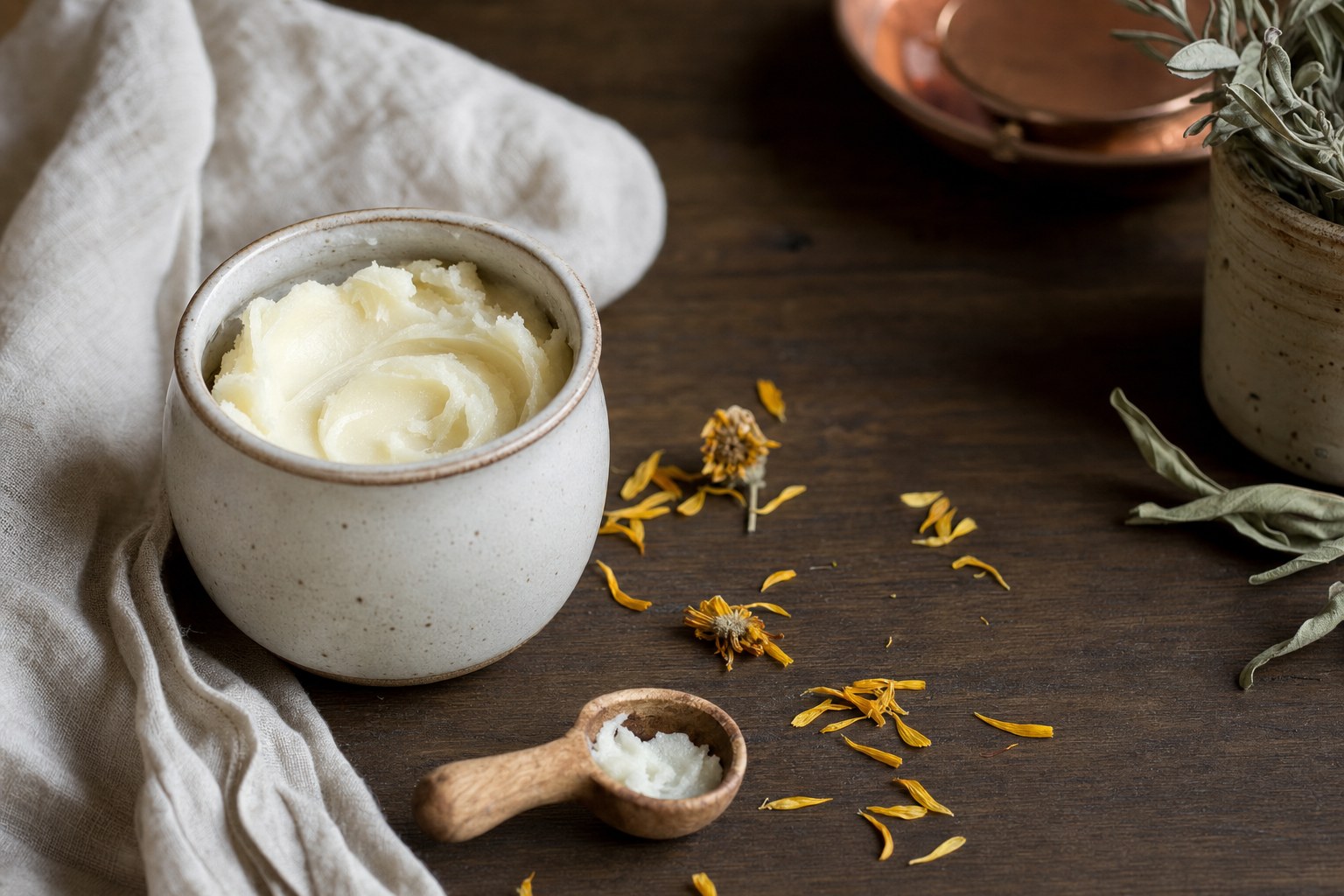 Whipped tallow balm in a ceramic bowl with calendula petals