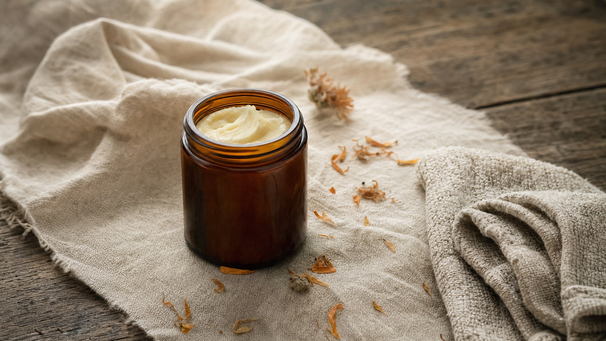 Whipped tallow balm in a ceramic bowl with calendula petals
