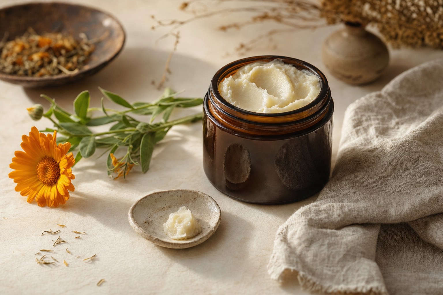 Whipped tallow balm in a ceramic bowl with calendula petals