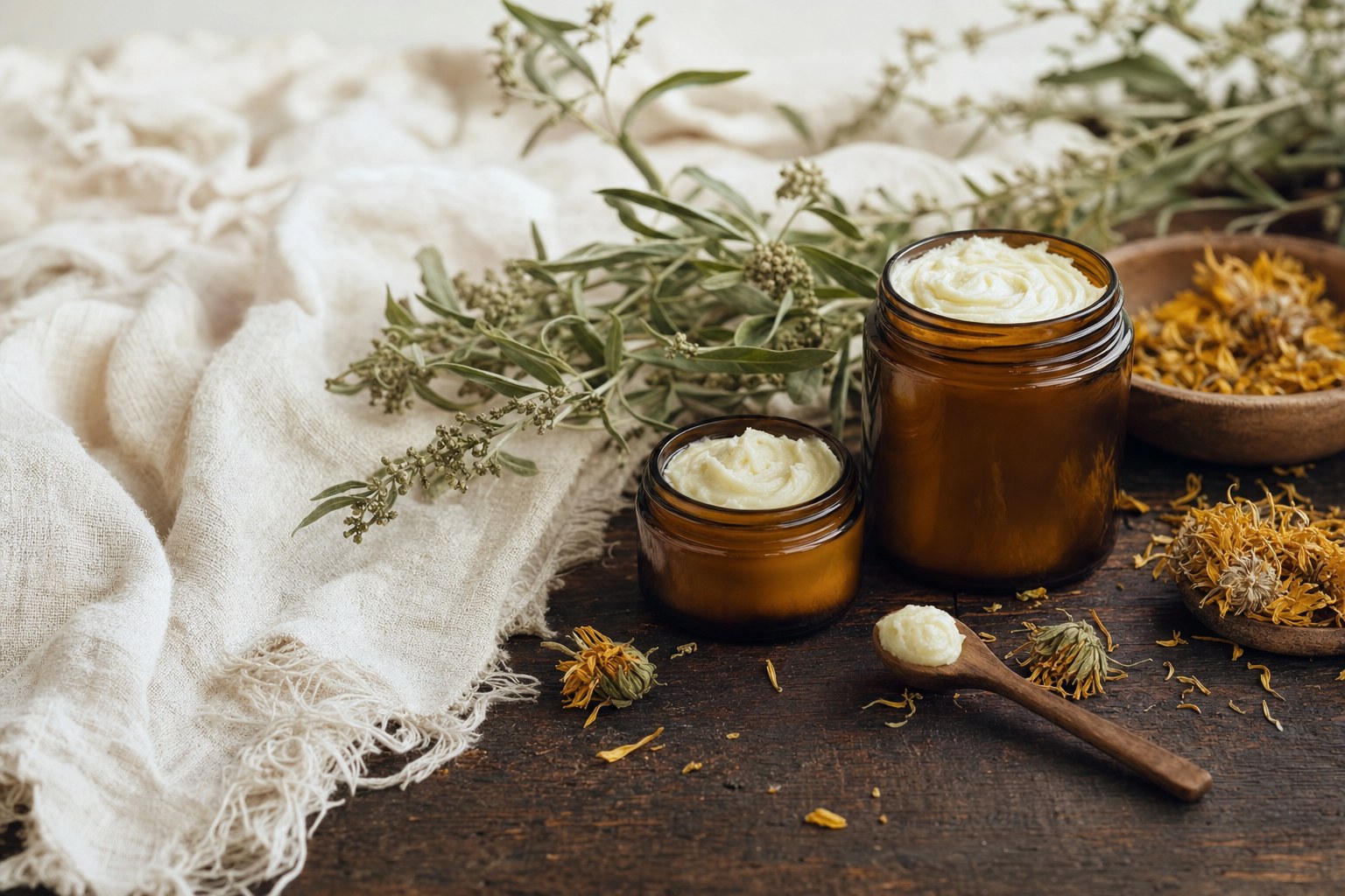 Amber jars of tallow balm with calendula and herbs