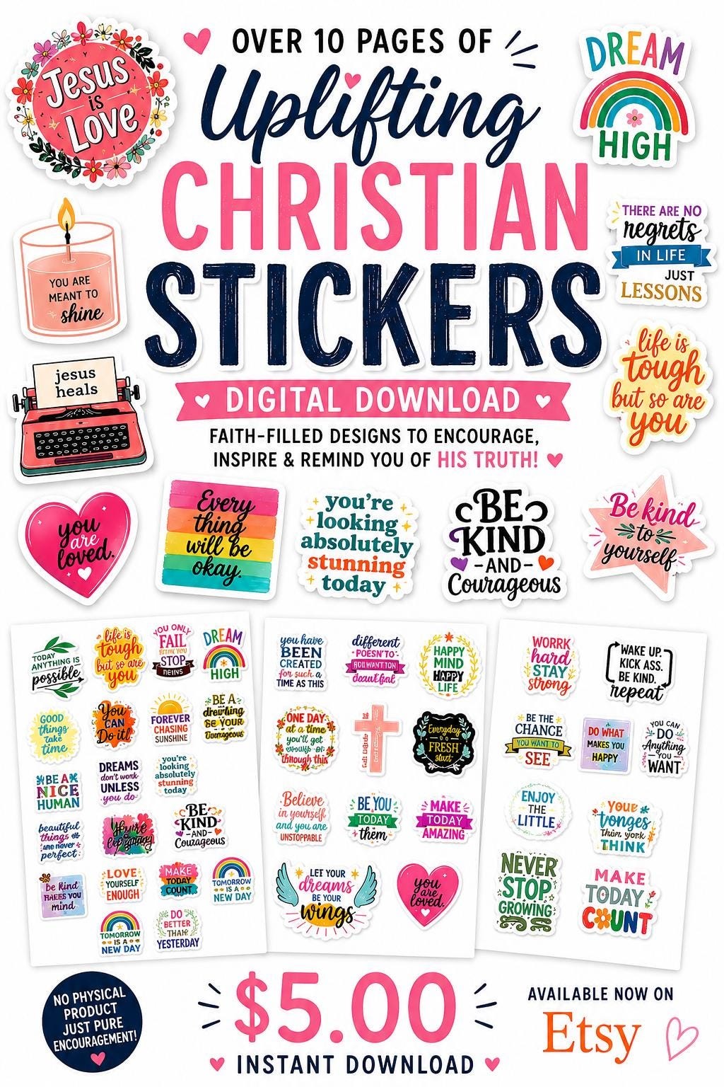 10 Christian Sticker Pages | Faith-Filled Encouraging Designs (Digital Download)