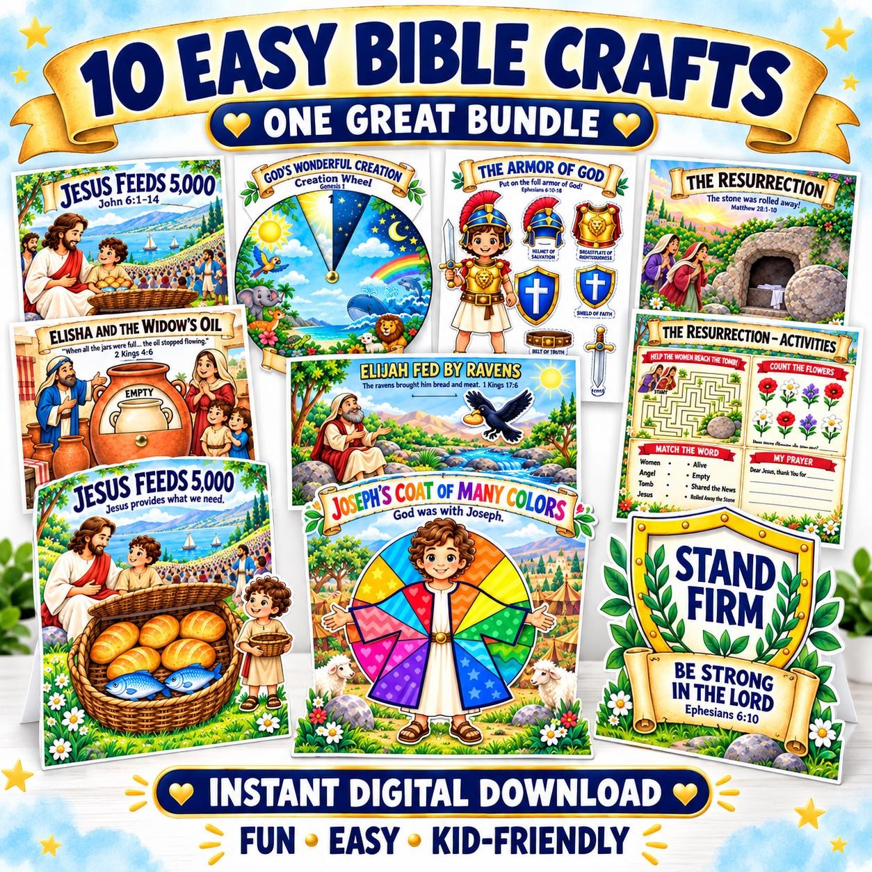 10 Easy Bible Crafts for Kids, Sunday School Activities (Digital Download)