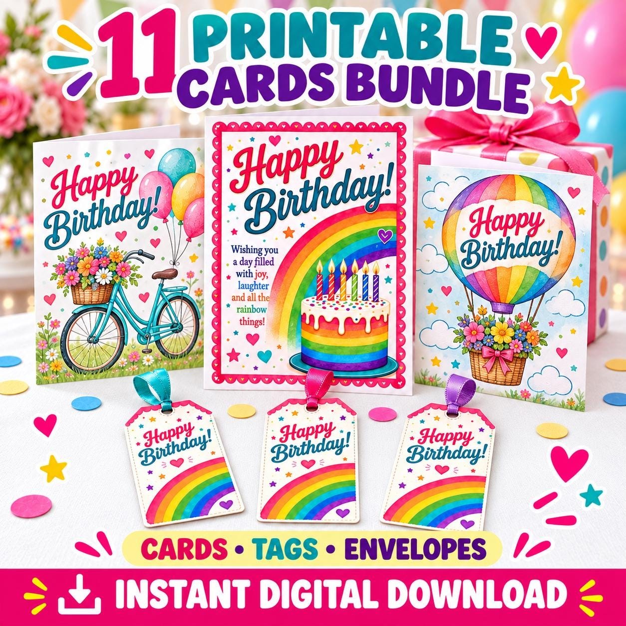 11 Birthday Card Bundle, Envelopes, Gift Tags (Digital Download)