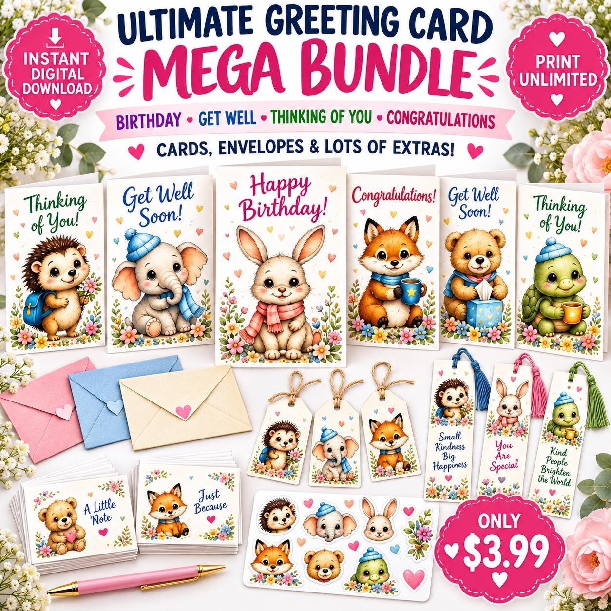 40+ Animal Greeting Cards Bundle, All Occasions, Printable Envelopes, Tags (Digital Download)
