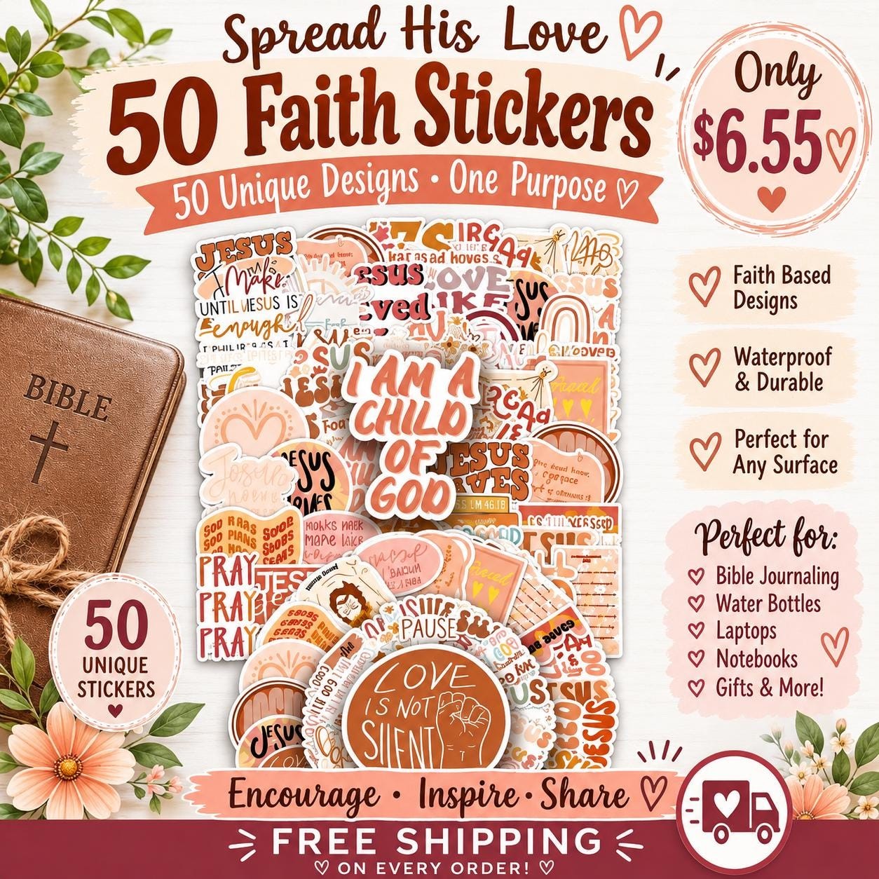 50 Boho Christian Stickers: Jesus First-Waterproof Vinyl Faith Pack for Journals, Laptops