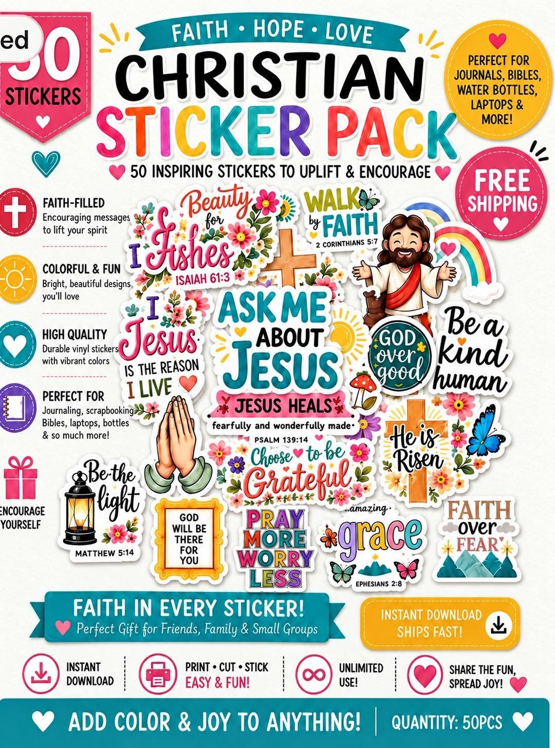50 Christian Waterproof Vinyl Stickers, Religious Journaling, Laptop, Water Bottle Pack-FUN STICKERS