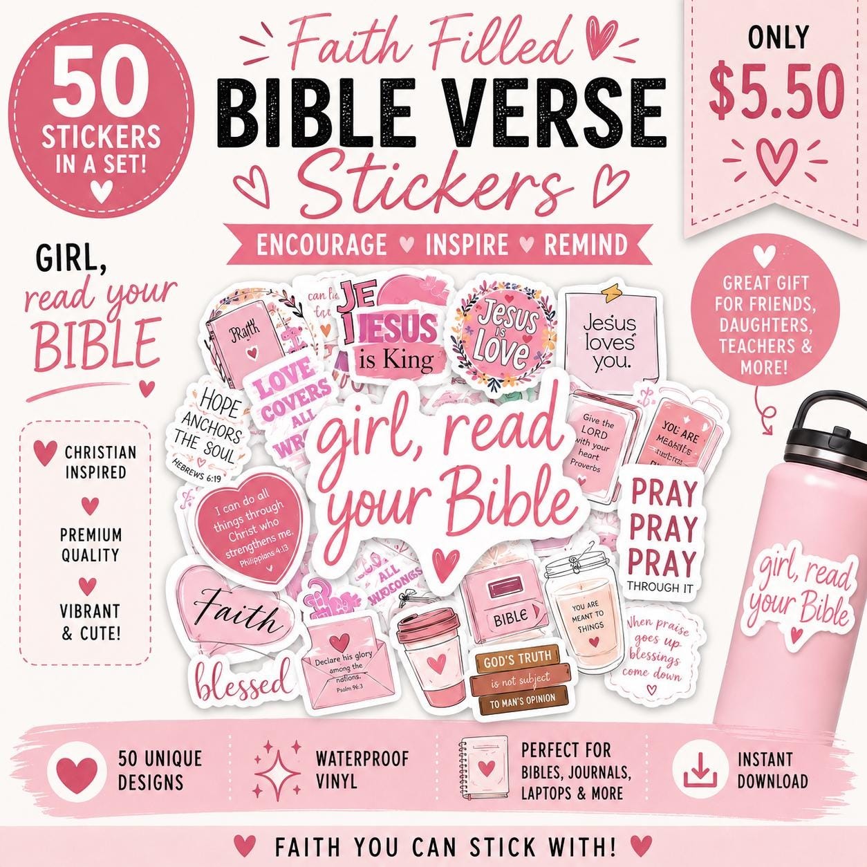 50-Piece Christian Sticker Pack: PInk- Waterproof Vinyl Bible Verse Designs