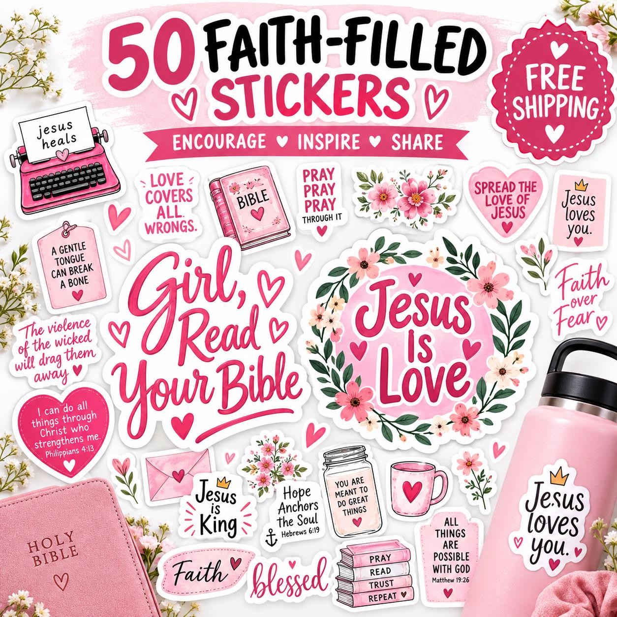 50-Piece Christian Sticker Pack: PInk- Waterproof Vinyl Bible Verse Designs
