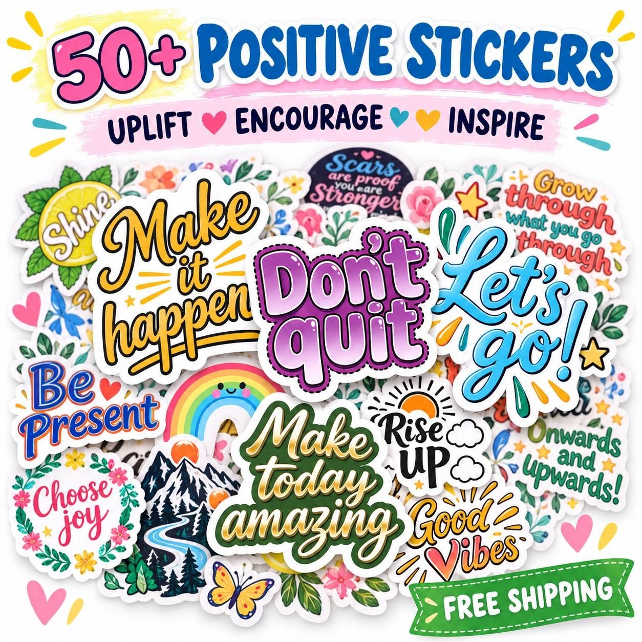 50+ Uplifting Floral Stickers, Motivational Quotes, Waterproof Vinyl (Physical Product)