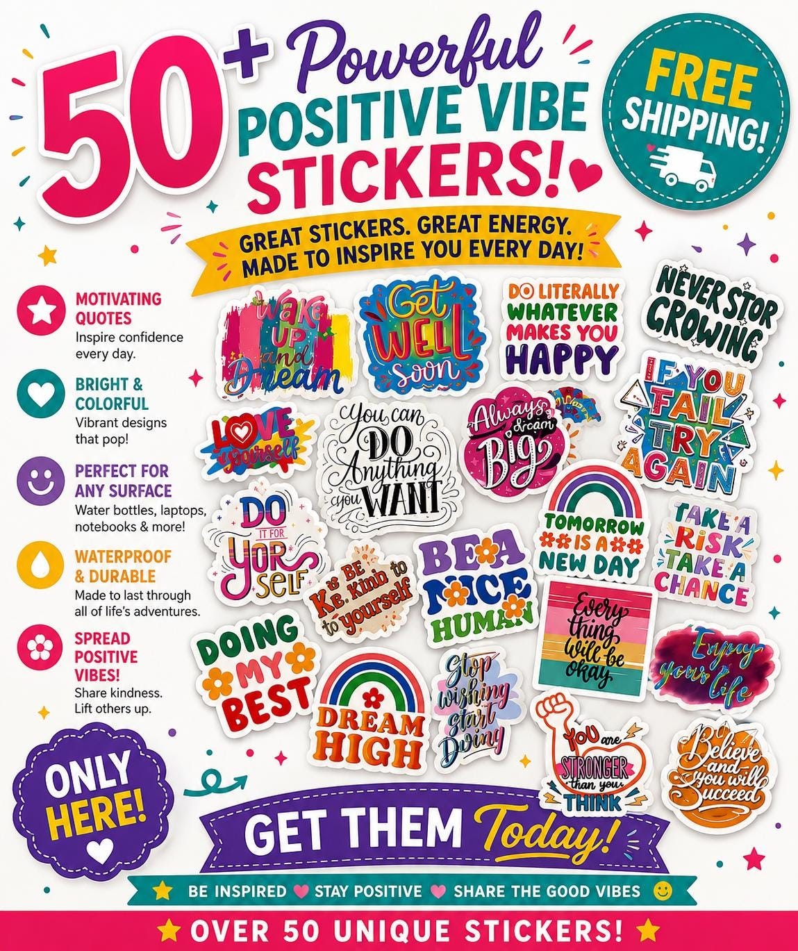 50 Uplifting Fun Stickers, Waterproof Vinyl Faith Pack for Journals, Laptops, Water Bottles and more