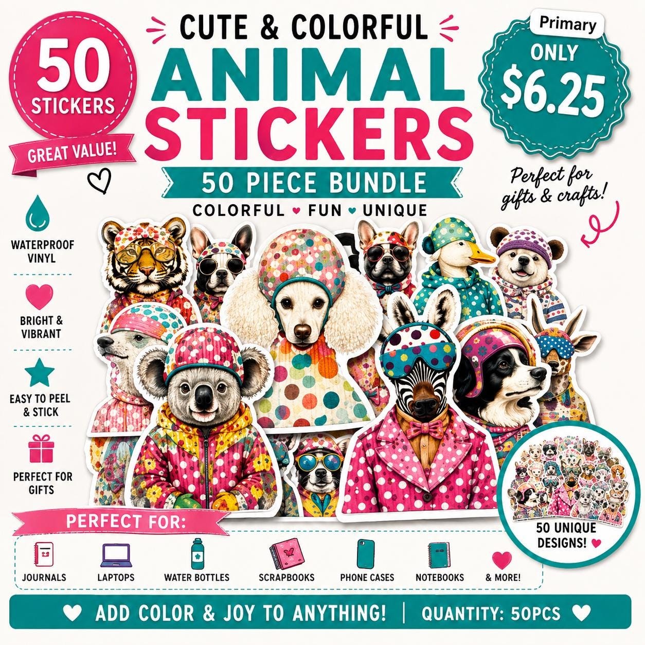 50 Waterproof Animal Stickers, Colorful Vinyl Decals for Laptops, Water Bottles