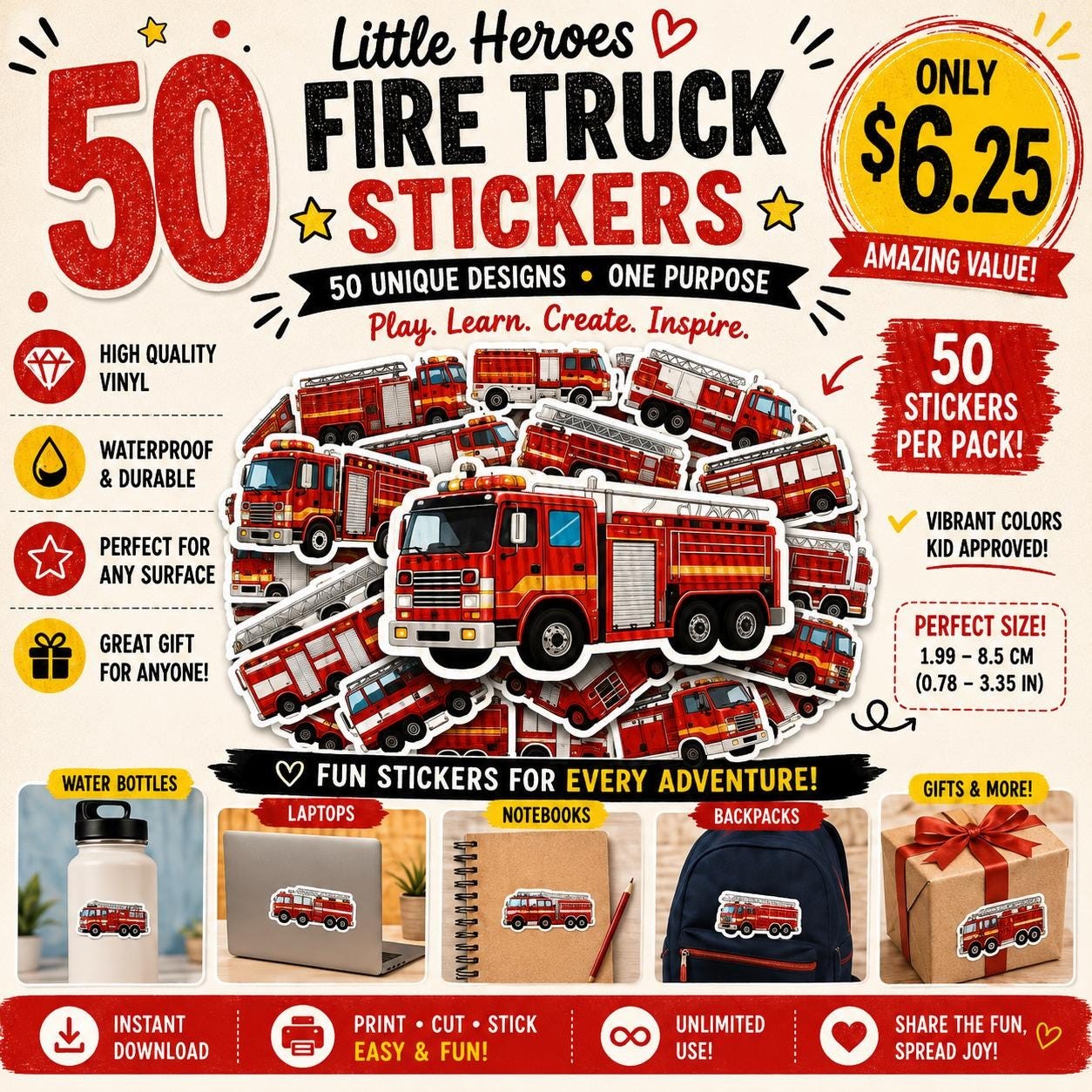 50 Waterproof Fire Truck Vinyl Stickers, Kids Firefighter Party Favors Pack