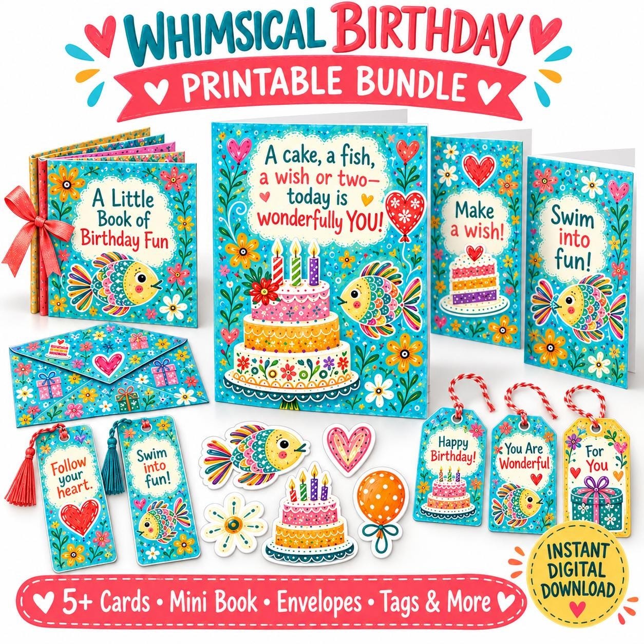 A cake, a Fish & Birthday Wishes- 5 Different cards-Whimsical printable card bundle with mini book- DIY Fast unlimited download