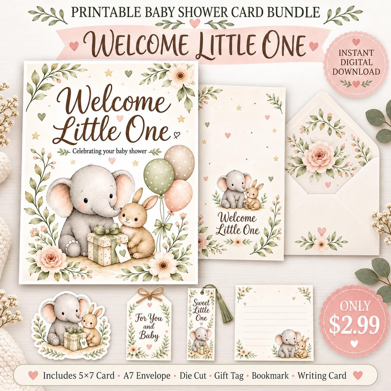 Baby Shower Card Bundle, Elephant Bunny Welcome Little One Printables (Instant Download)