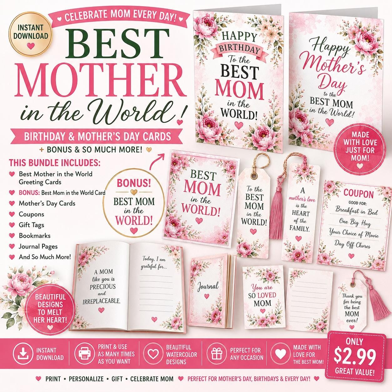Best Mom Printable Bundle, Mother's Day and Mom Birthday Cards, Coupon Book, Bookmarks, Journal Pages, Instant Download