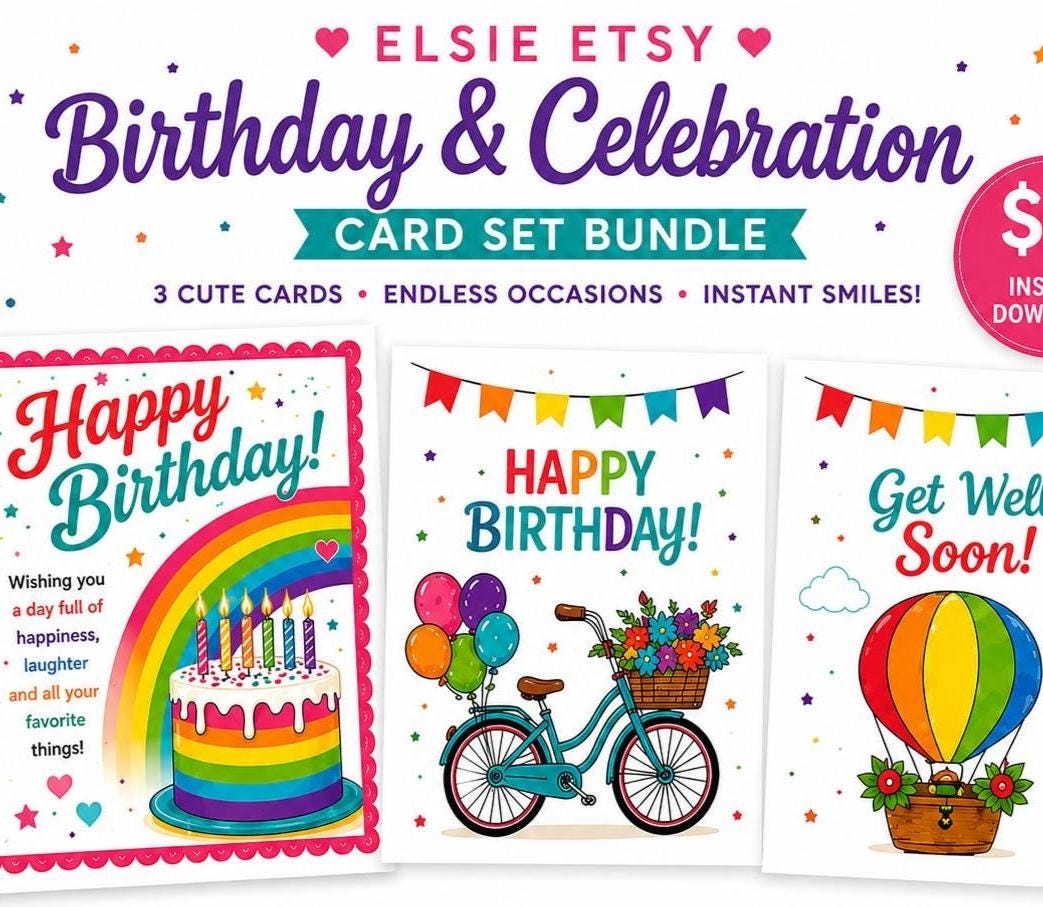 Birthday Card Bundle, 10+ Designs, Envelopes, Gift Tags (Digital Download)
