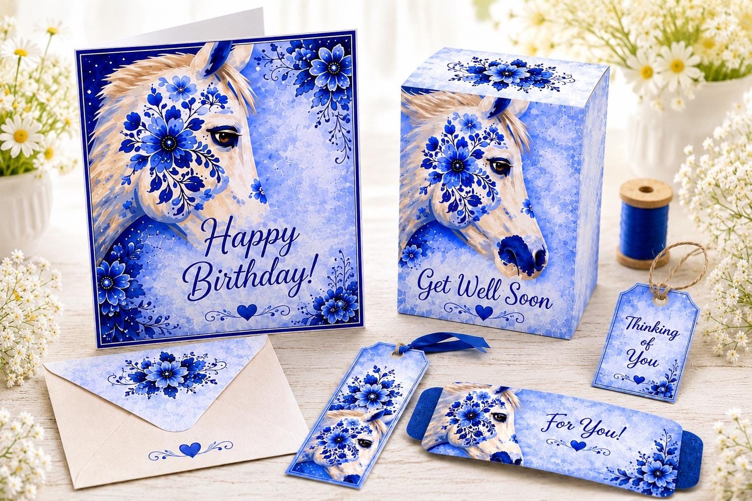 Blue Floral Horse Junk Journal Kit, Printable Ephemera, Die Cuts, Stickers (PDF Download)