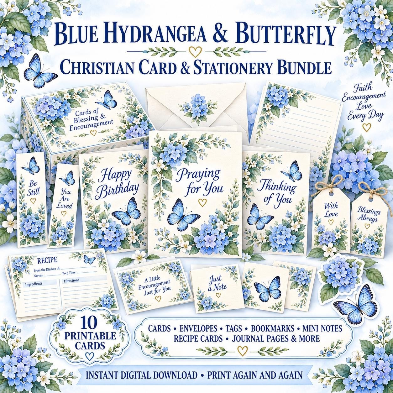 Blue Hydrangea Butterfly Christian Card Bundle, 10 Printable Greeting Cards (Digital Download)