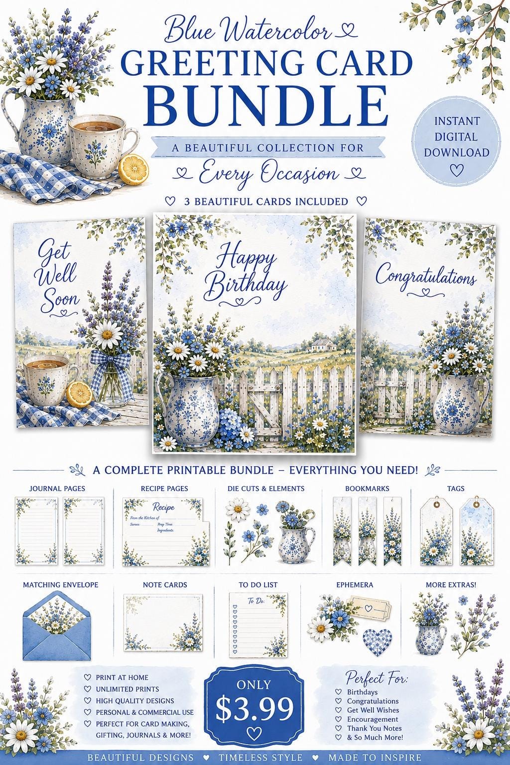 Blue Watercolor Floral Greeting Cards, 12 Printable 5x7 Cards (Digital Download)