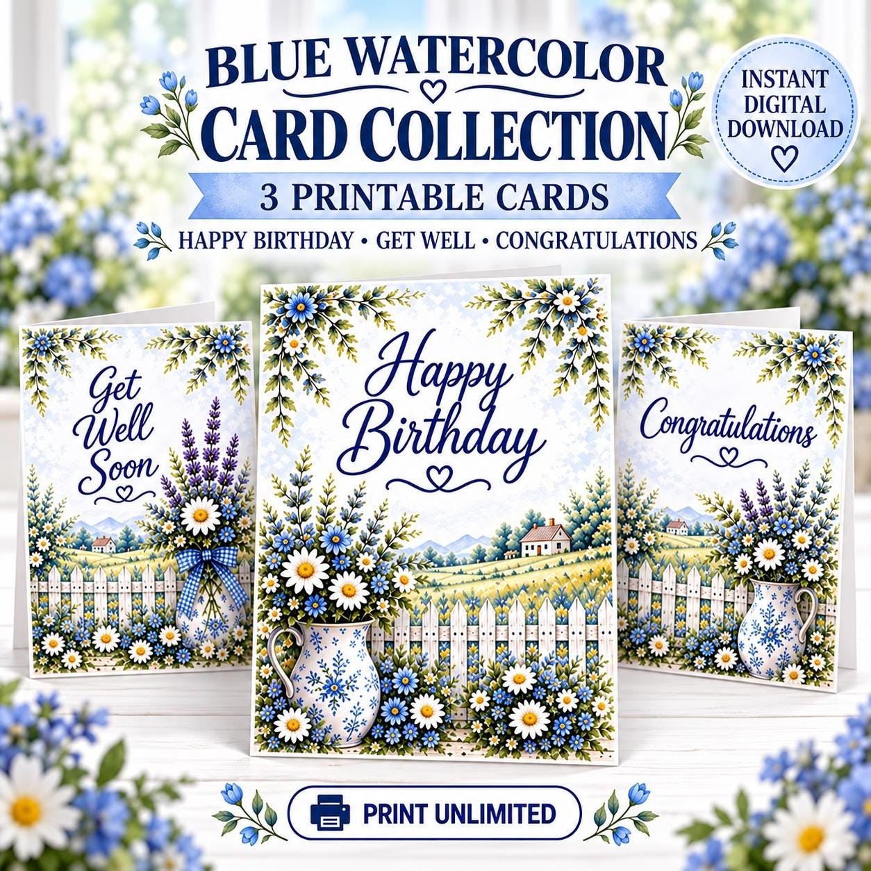 Blue Watercolor Floral Greeting Cards, Printable 5x7 (Digital Download)