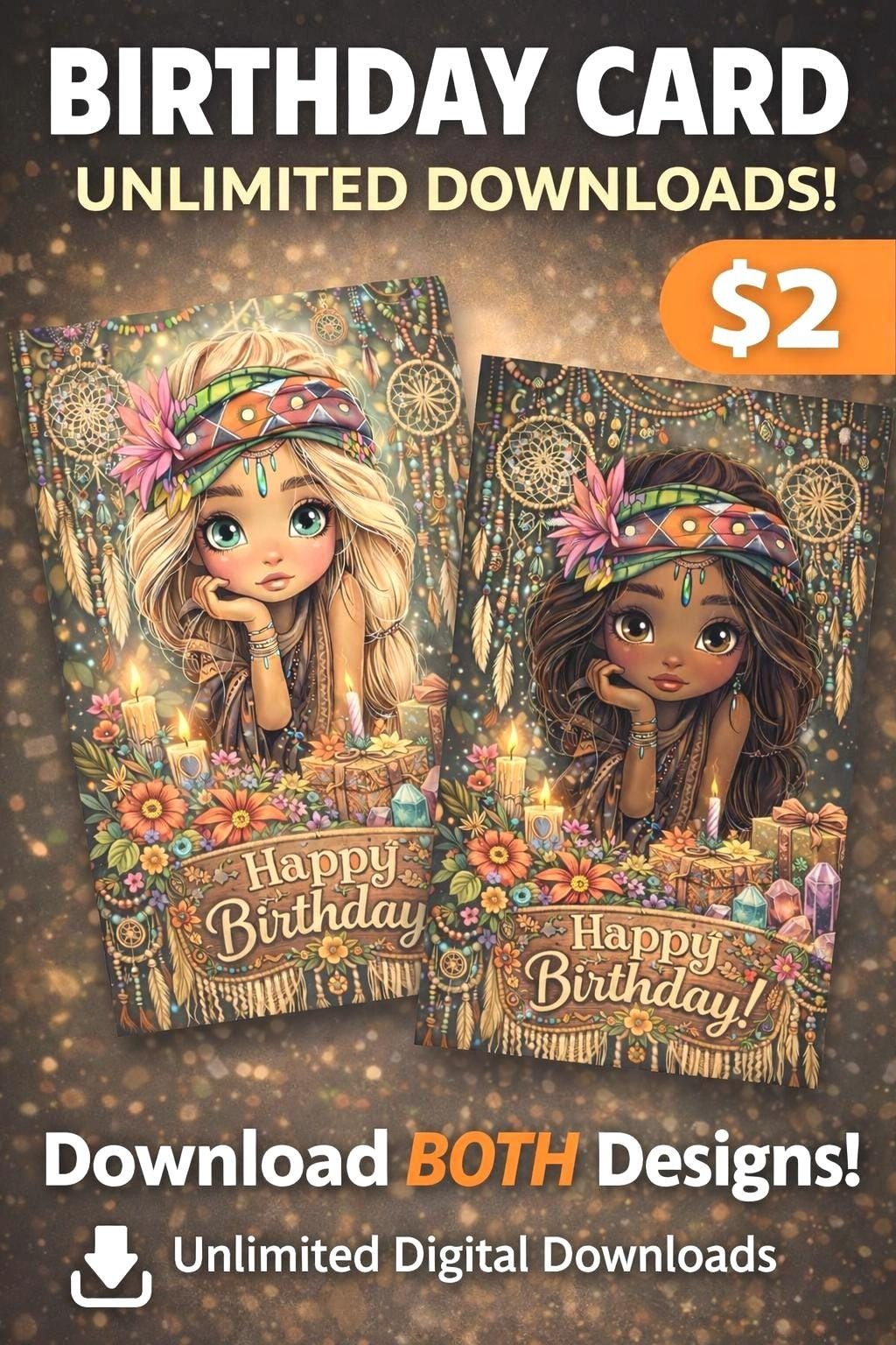 Boho Girls Birthday Card Bundle, Dreamy Floral Designs, 5x7 (Digital Download)