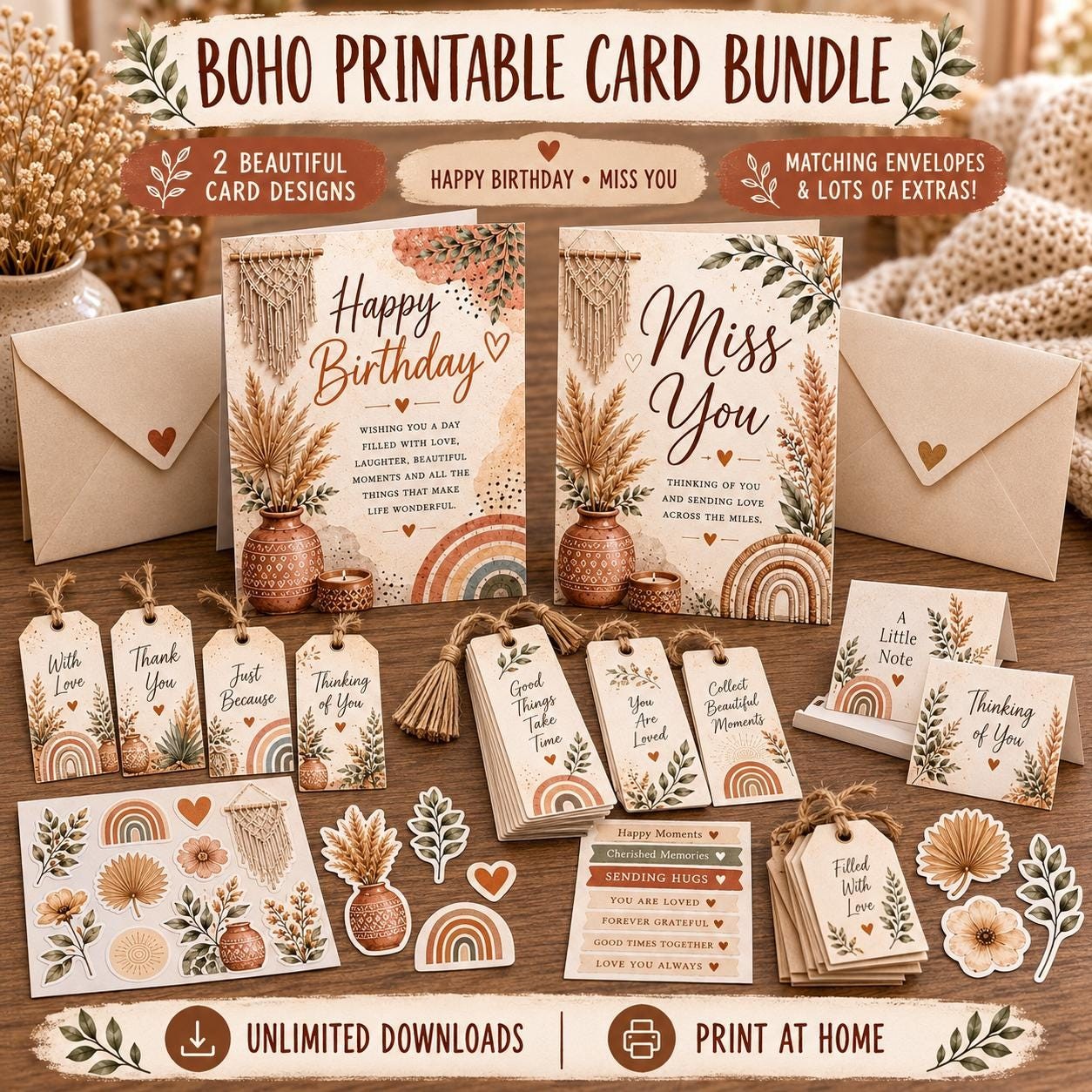 Boho Watercolor Birthday Card, Modern 5x7 PDF (Digital Download)