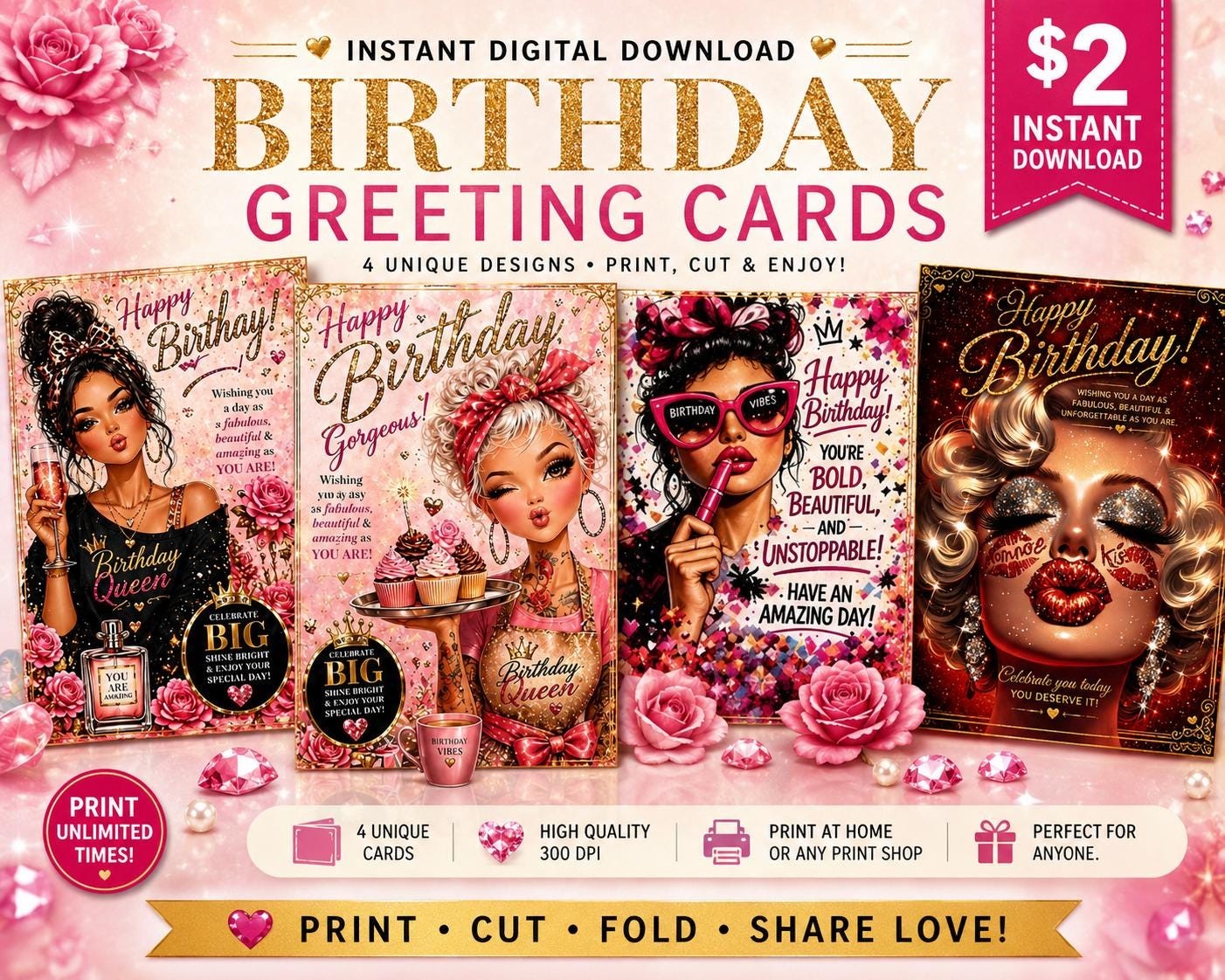 Bold Glam Birthday Cards Bundle, Sparkle Chic Designs (Digital Download)