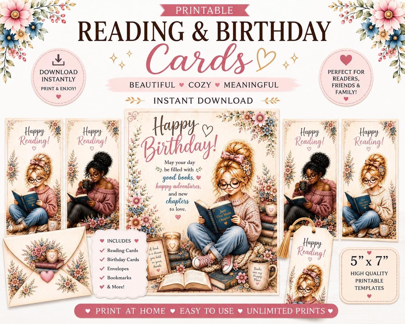 Book Lover Birthday Card, Librarian Reader Gift, Cozy Reading Theme (5x7 Instant Download PDF)