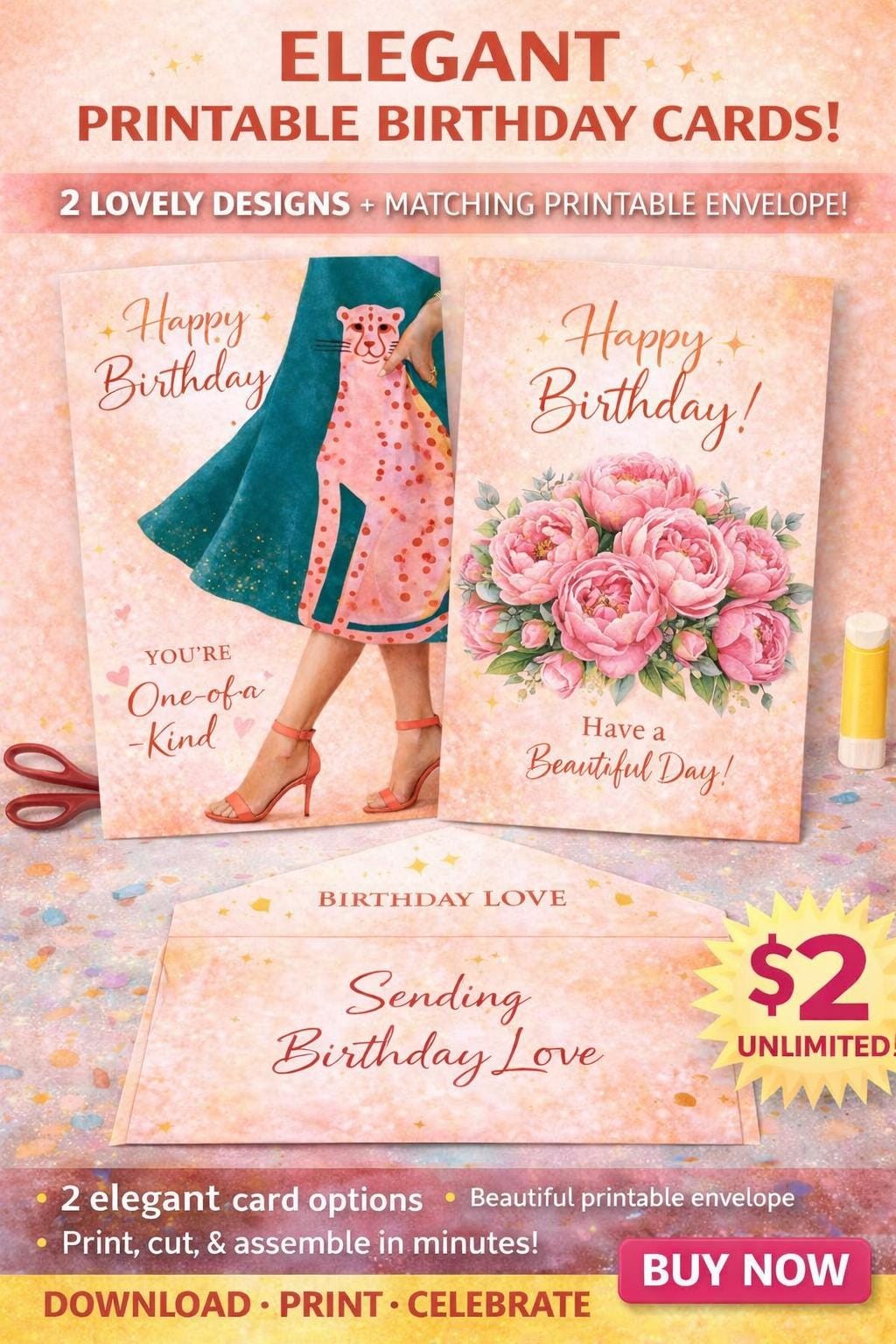Cheetah Floral Birthday Card, Boutique Style, Matching Envelope (Digital Download)