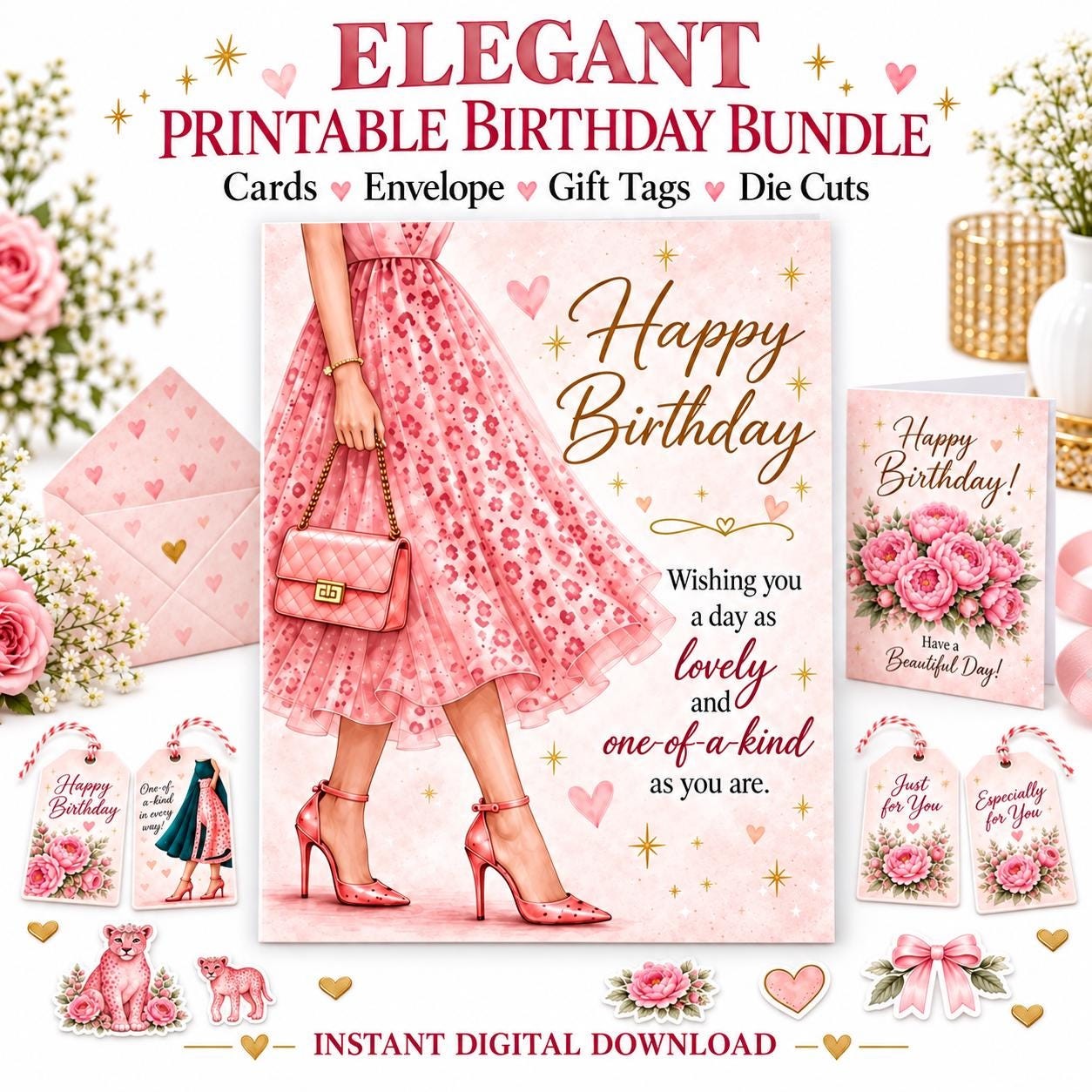 Cheetah Floral Birthday Card, Boutique Style, Matching Envelope (Digital Download)