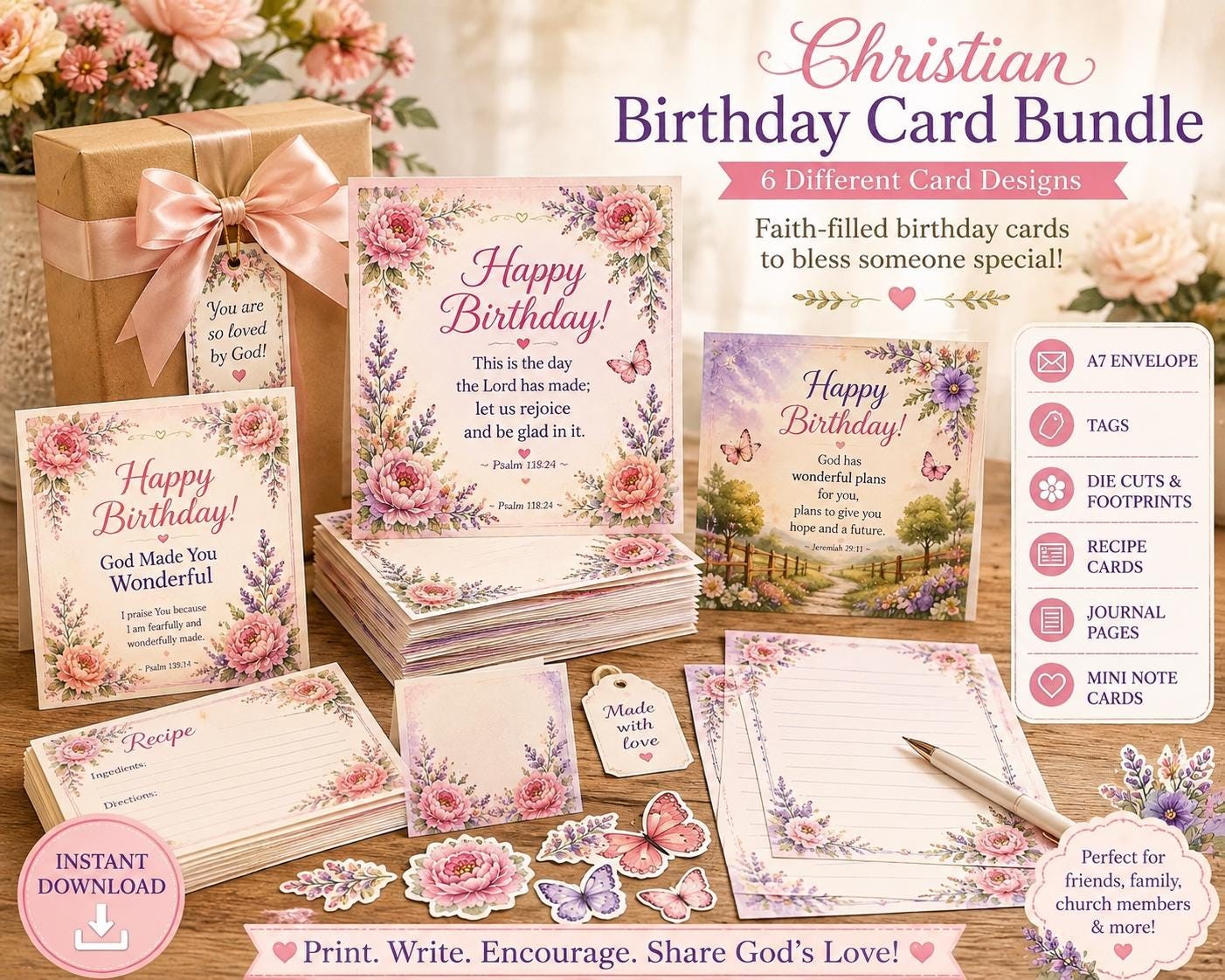 Christian Birthday Card Bundle Printable | 6 Faith-Based 5x7 Birthday Cards | Matching Envelope, Tags, Journal Pages & More