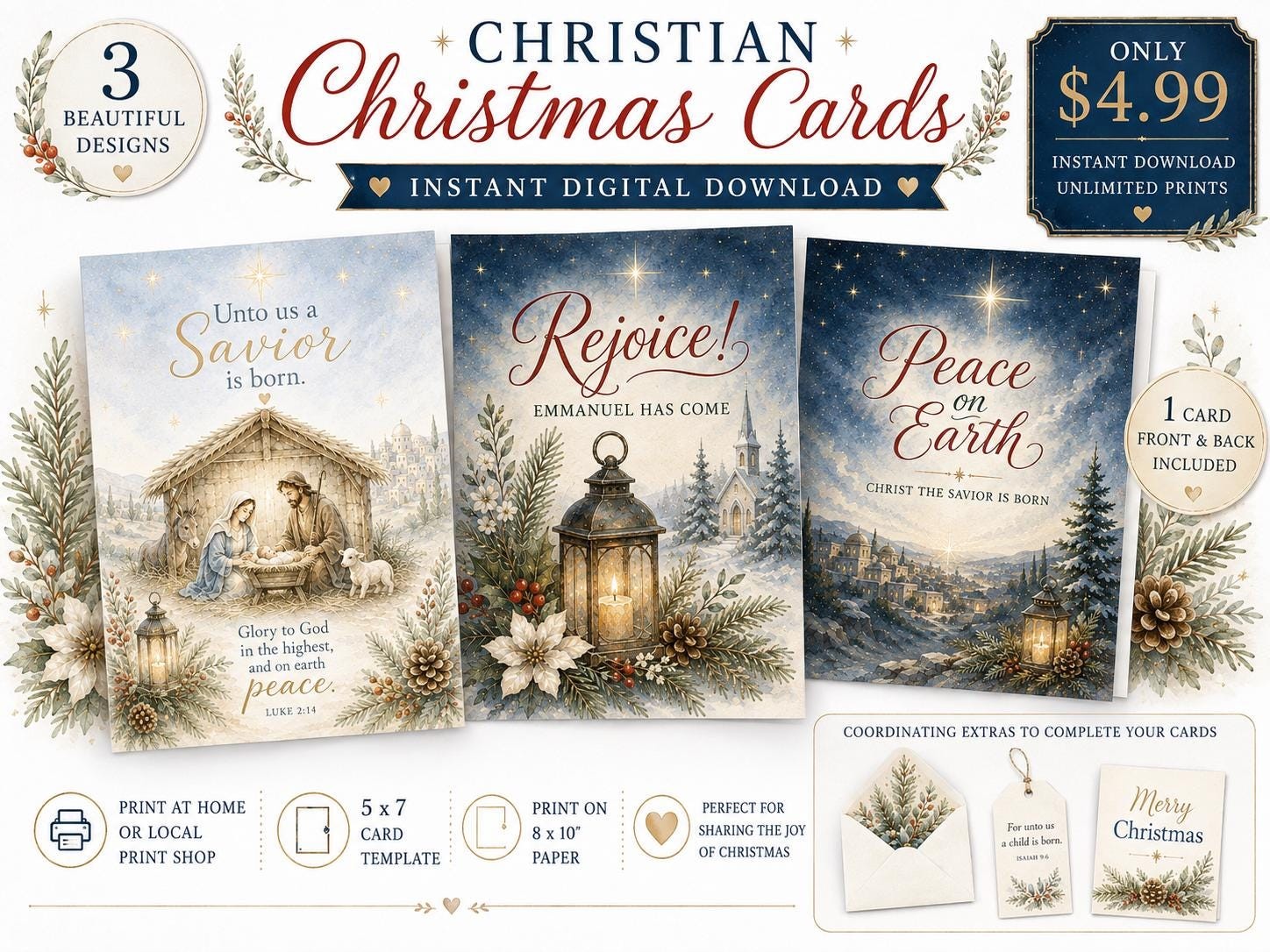 Faith-filled printable Christmas card collection with nativity and winter church designs