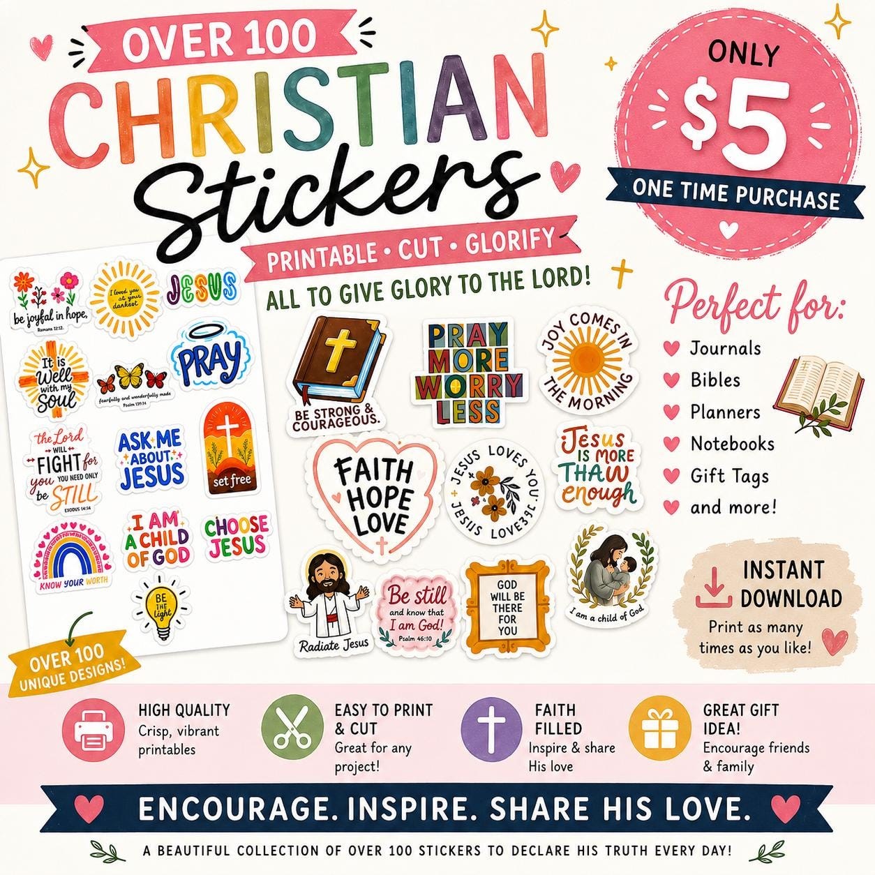 Christian Digital Printable Sticker Bundle, Bible Verse Sticker Sheet, Faith Journaling, Scripture PNG PDF Digital Download- Over 50 sticker