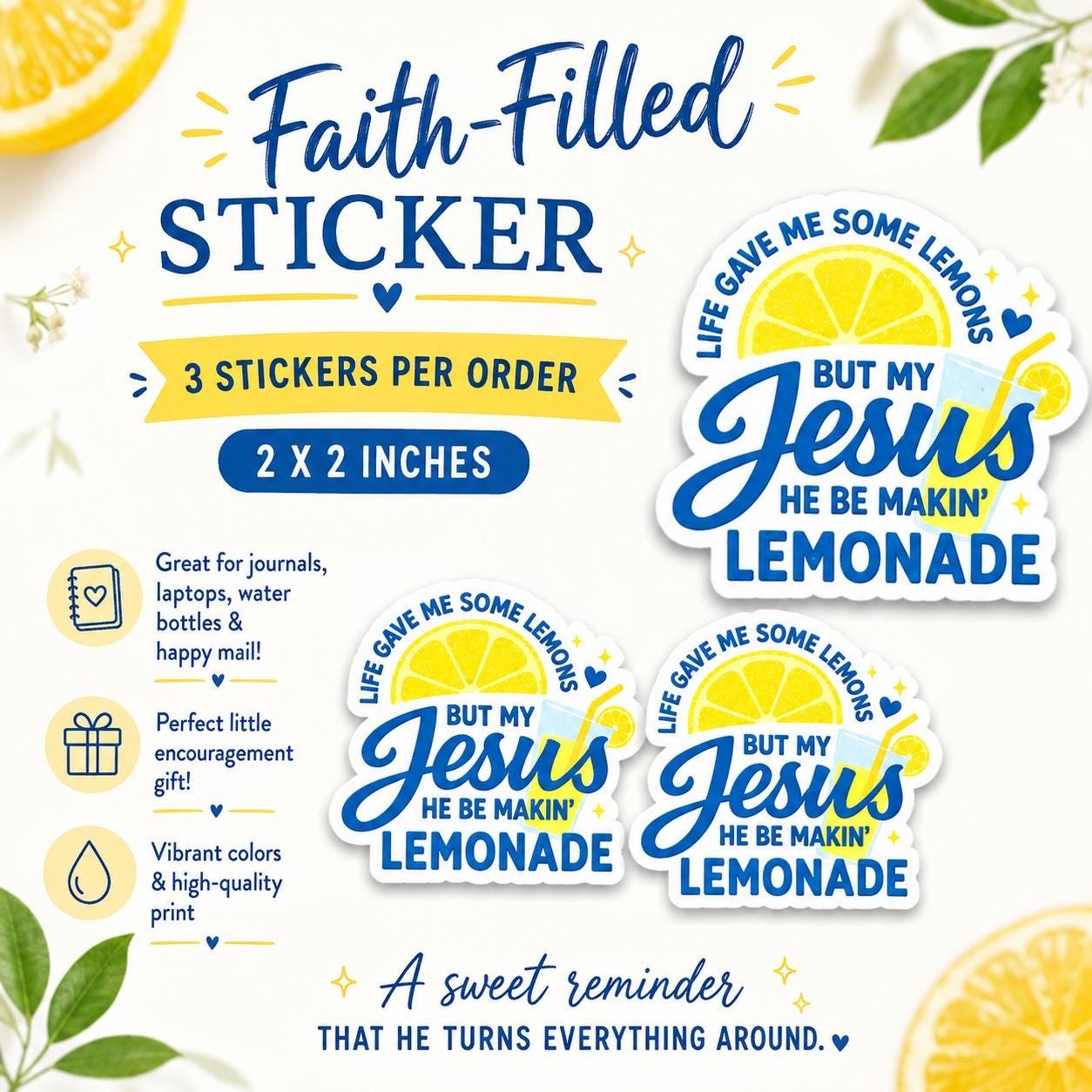 Christian Sticker – Jesus Making Lemonade, Waterproof Vinyl for Laptops, Journals (9 stickers)