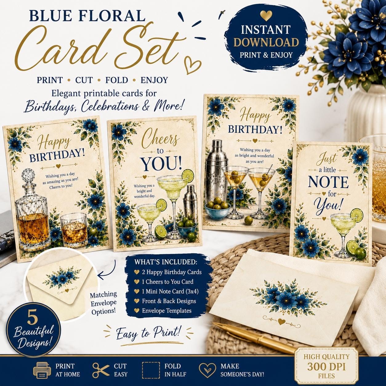 Cocktail Birthday Card Bundle, Martini Cheers Cards, Girls Night (Instant Download PDF)