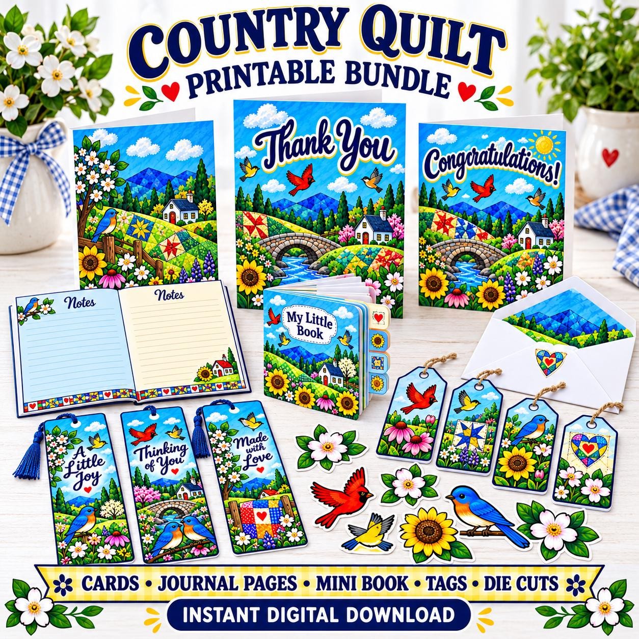 Country Quilt Printable Bundle, Birds, Cottages, Sunflowers (Digital Download)