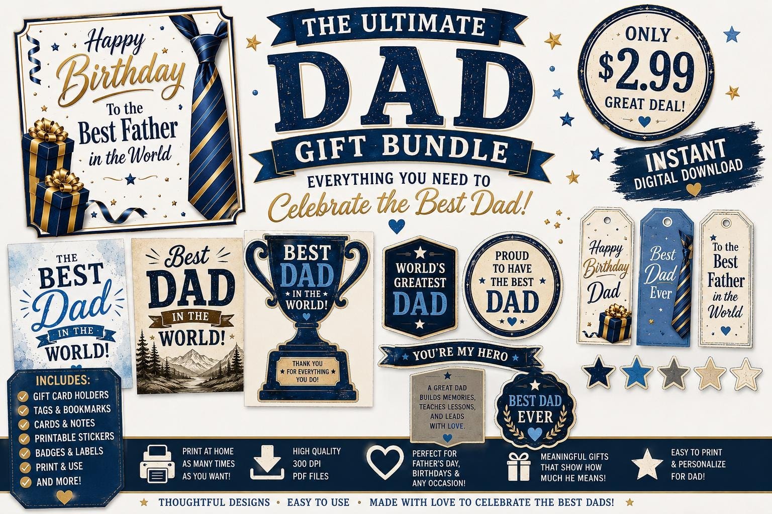 Dad Birthday Card Bundle, Father's Day Trophy, Envelopes, Tags (Digital Download)