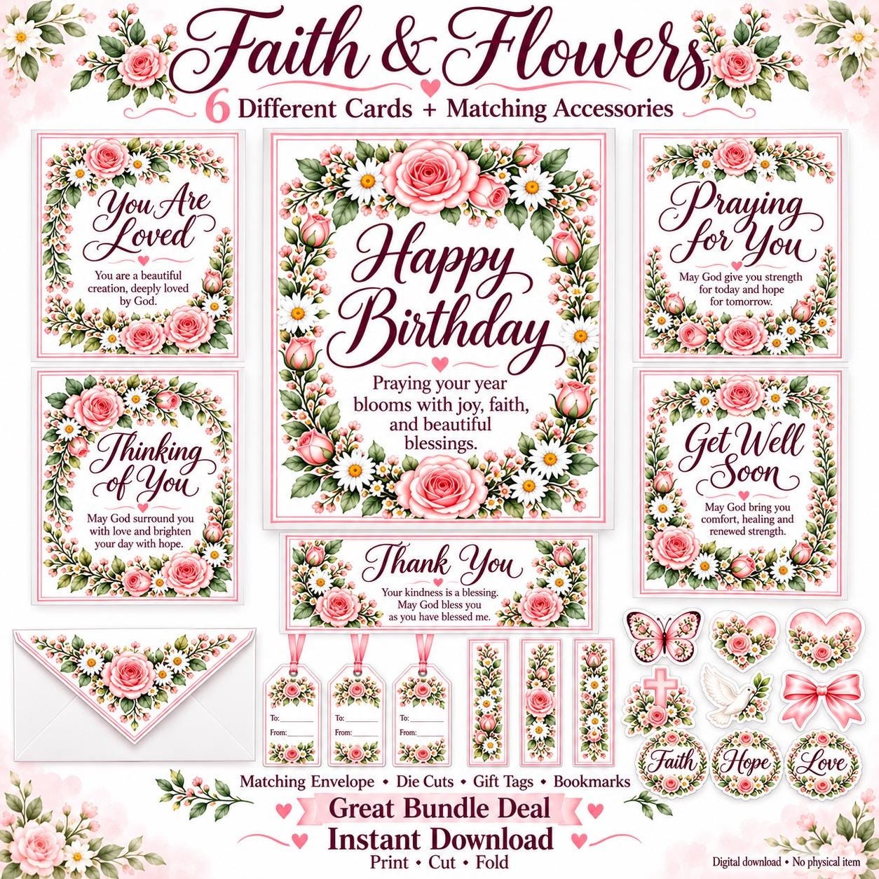 Faith & Flowers Christian Card Bundle | Roses, Daisies, Envelopes, Tags (Digital Download)