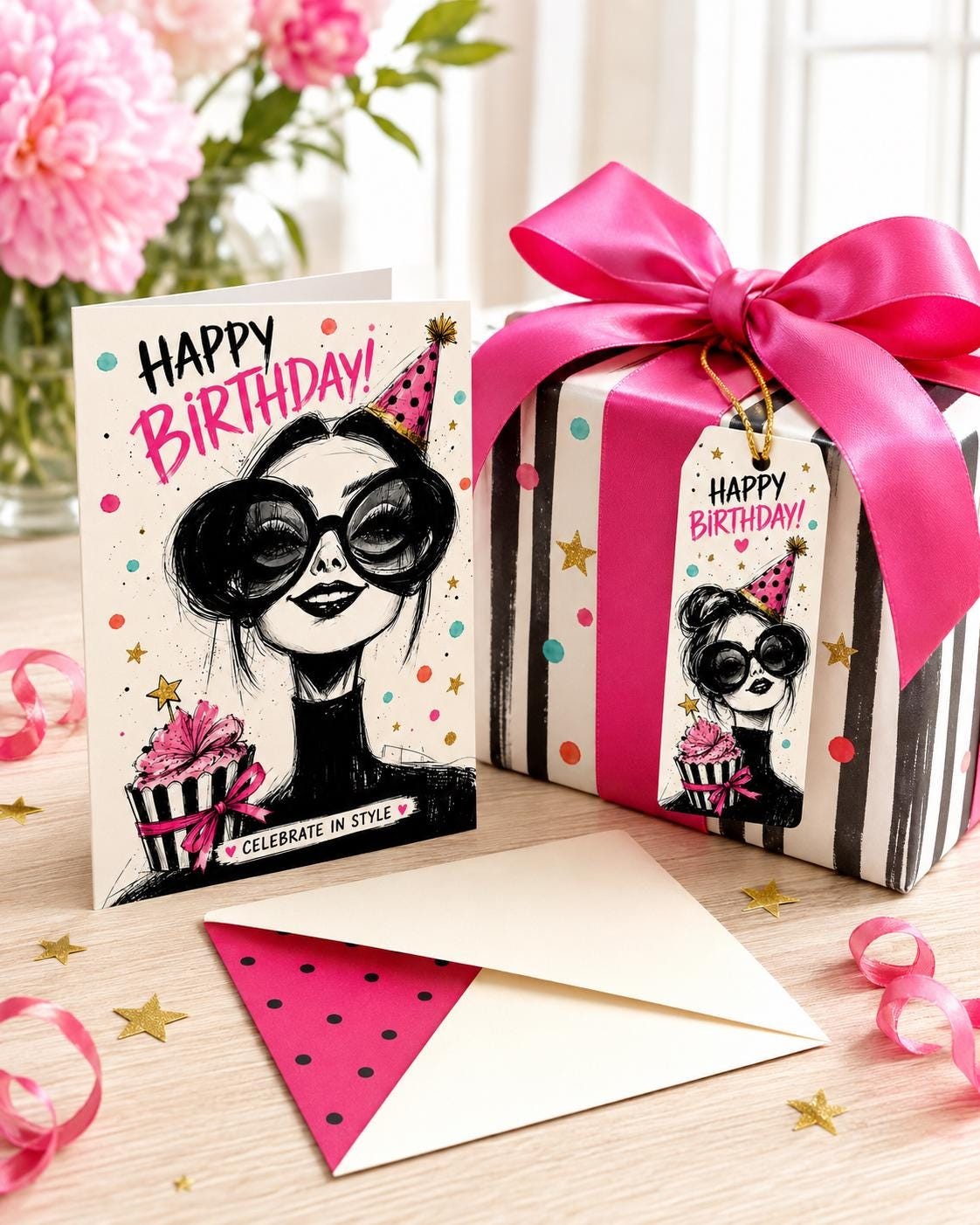 Fashionable Greeting Card Bundle, Hand-Drawn Ladies, Watercolor Details (Digital Download)