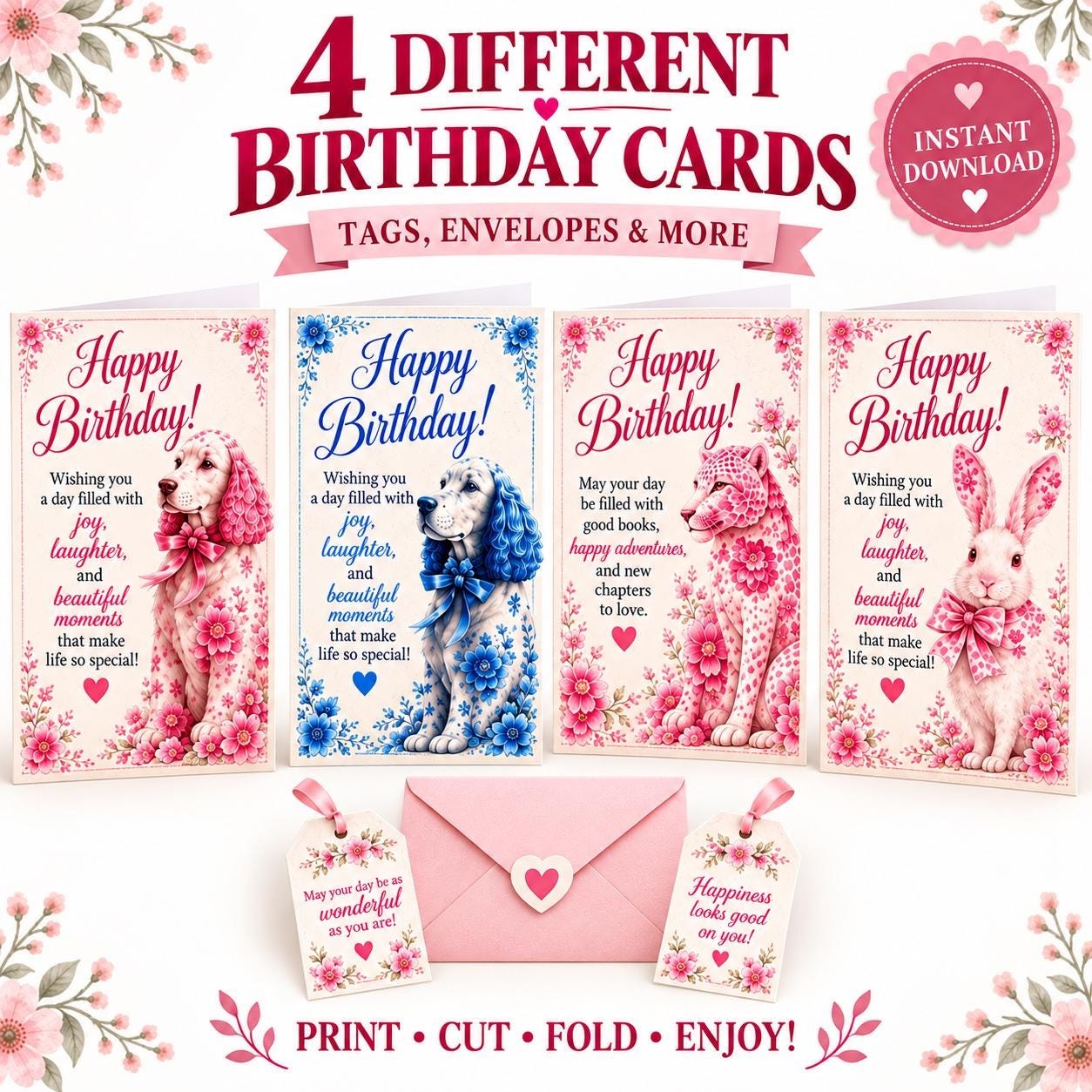 Floral Animal Birthday Cards Bundle, Pink Leopard Bunny Puppy Designs (Digital Download)