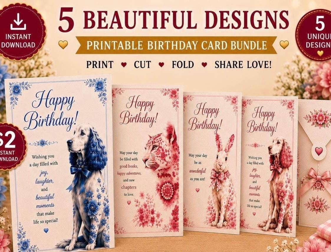 Floral Animal Birthday Cards Bundle, Pink Leopard Bunny Puppy Designs (Digital Download)