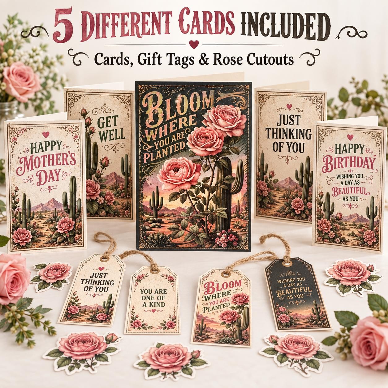 Floral Cactus Western Greeting Cards Bundle, 8 Designs (Instant Download)