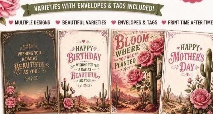 Floral Cactus Western Greeting Cards Bundle, 8 Designs (Instant Download)