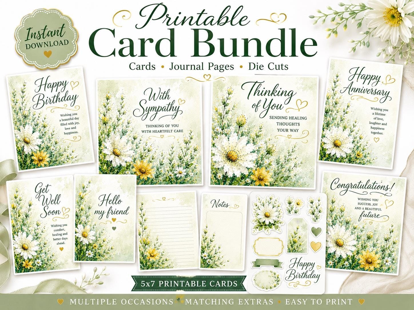 Floral Greeting Card Bundle, 5x7 Occasion Cards, Envelopes, Tags (Digital Download)