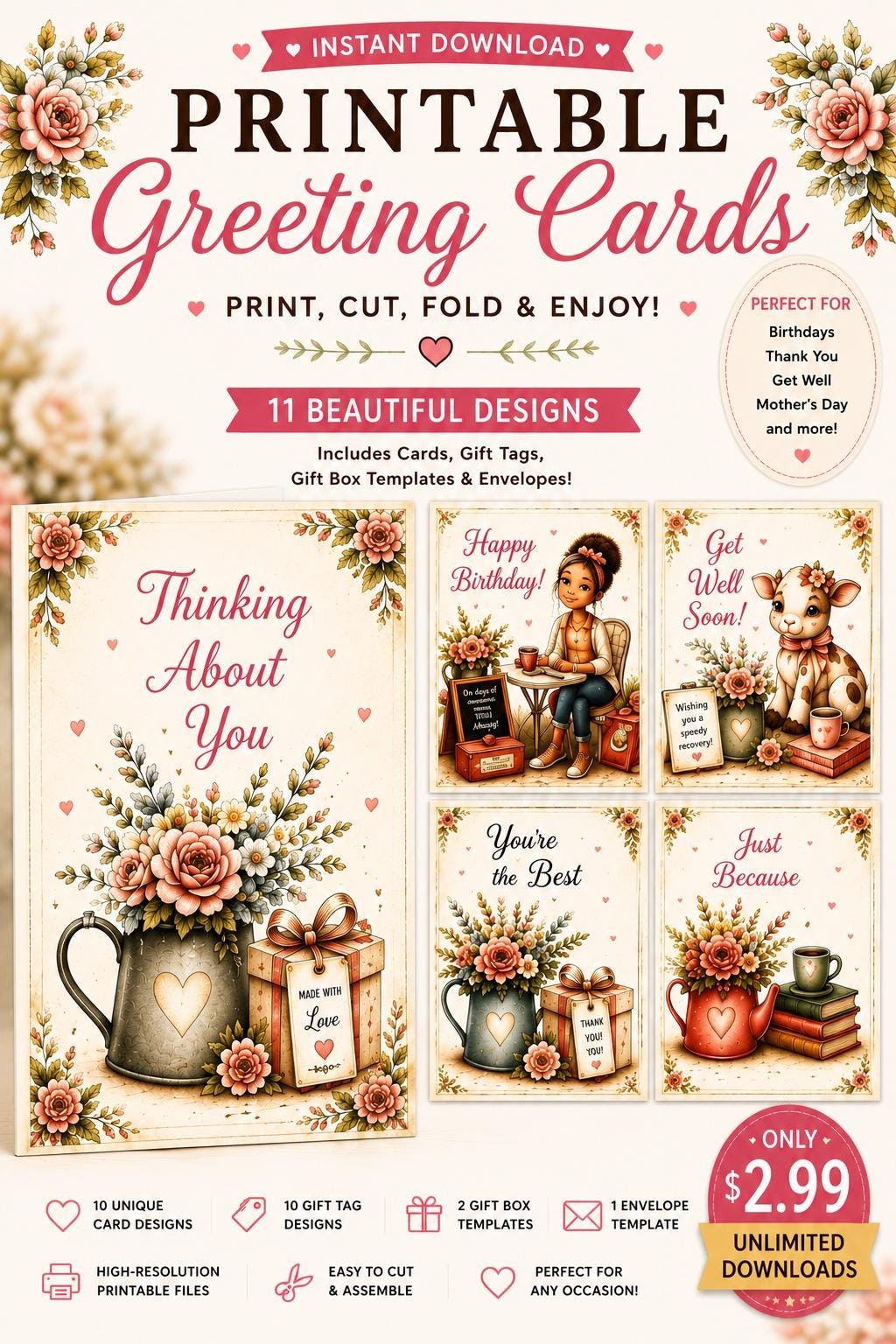 Floral Greeting Card Bundle, Boho Girl Bike Birthday, Gift Tags, Box (Digital Download)