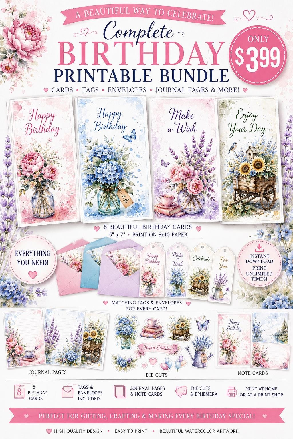 Floral Watercolor Birthday Cards & Envelopes Bundle (Digital Download)