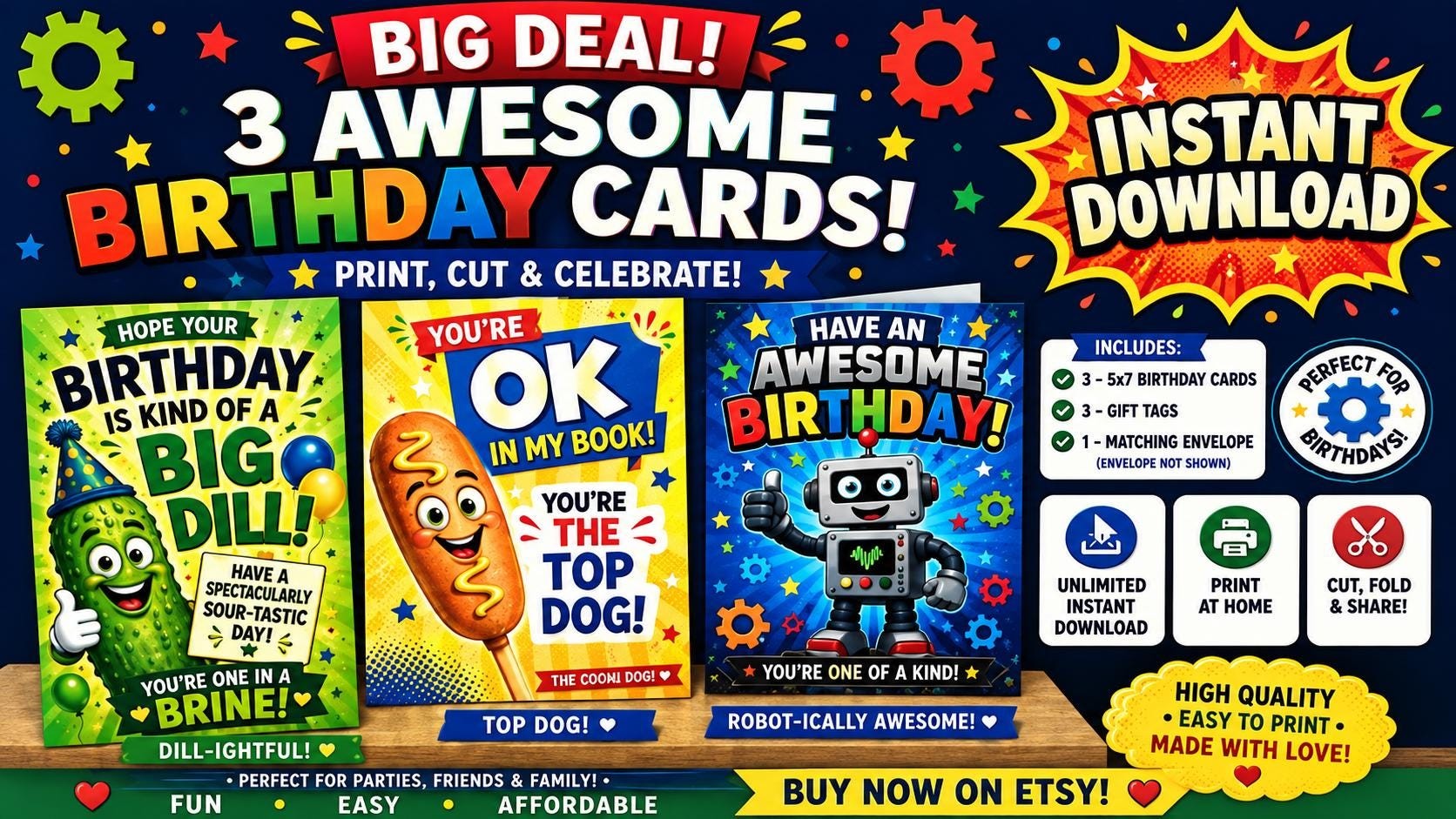 Funny Kids Birthday Cards Bundle, Pickle, Corndog, Robot Designs (Digital Download)